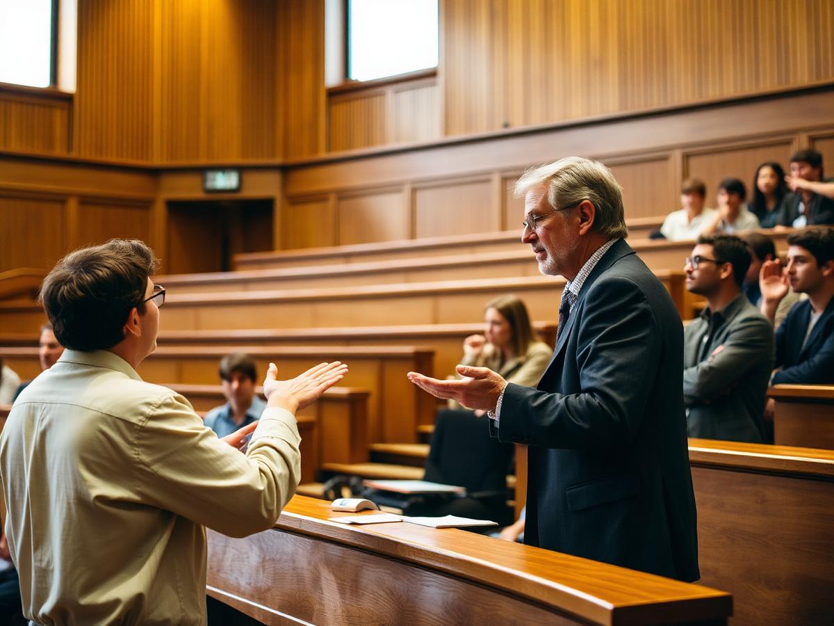 A professor in conversation with students in a wood-paneled seminar room