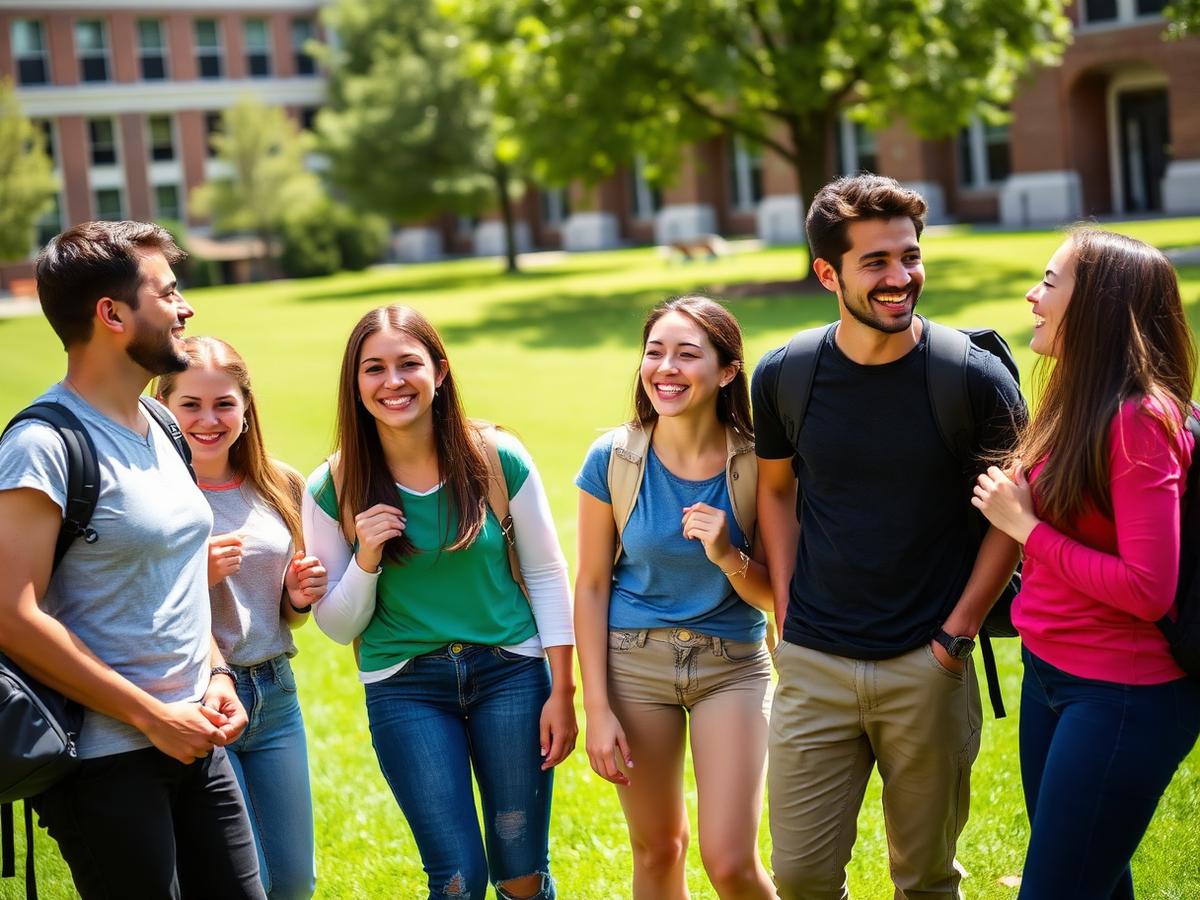 Students talking together on the campus lawn